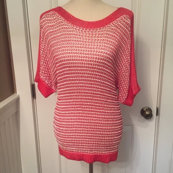 CHICO’S SWEATER KNIT TOP RED WHITE BOAT NECK Size 2 L - Picture 1 of 7